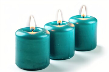 Serene teal candles with soft glow perfect for peaceful home decor spa on transparent background