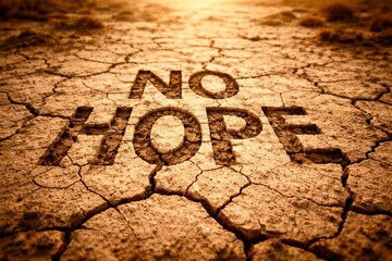 A cracked, dry, barren landscape with the word "no hope" written in the dirt