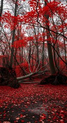 Autumnal Forest Scene - Vibrant Red Foliage and Fallen Leaves.