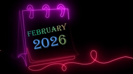A vibrant neon February 2026 calendar graphic showcasing romantic tones, modern date styling, creative scheduling, and illuminated monthly time organization.