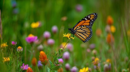 Fototapeta premium A Vibrant Monarch Butterfly Gracefully Alights Upon a Delicate Yellow Wildflower Amidst a Sunlit Meadow