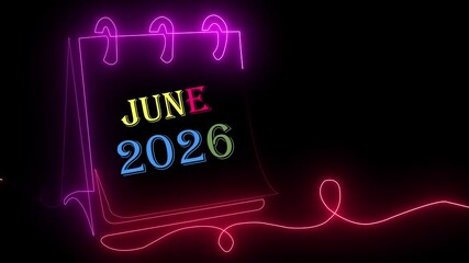 A bold neon June 2026 calendar illustration featuring summer brightness, creative time planning, modern scheduling visuals, and glowing monthly organization.