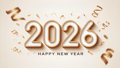 Celebrate New Year 2026 with this 3D illustration of large white numbers with gold outlines. Perfect for holiday banners, party invitations, greeting cards, social media posts, and festive digital des