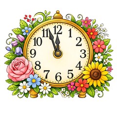 Floral Vintage Clock Illustration with Blooming Flowers Elegant Time Concept Decorative Garden Style Design for Spring Celebration Anniversary Invitation and Romantic Home Decor Background