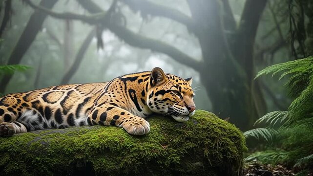 Clouded Leopard Resting in Lush Forest - A Serene Wildlife Moment.