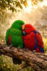 Two parrots are sitting on a branch, one green and one red