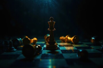 A chess board with a king and other pieces scattered around it