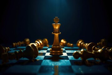 A chess board with a king and other pieces scattered around it