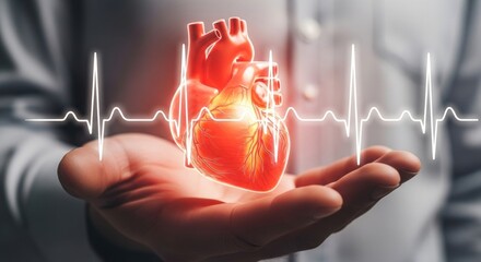A digital representation of a human heart with a heartbeat graphic in the background.
