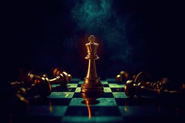 A chess board with a king and other pieces scattered around it