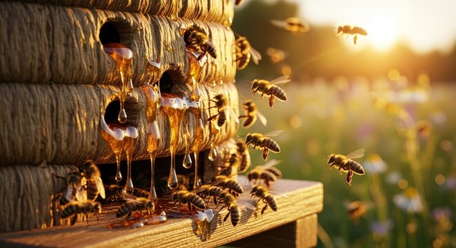 A beehive with bees flying around it in a field of flowers.