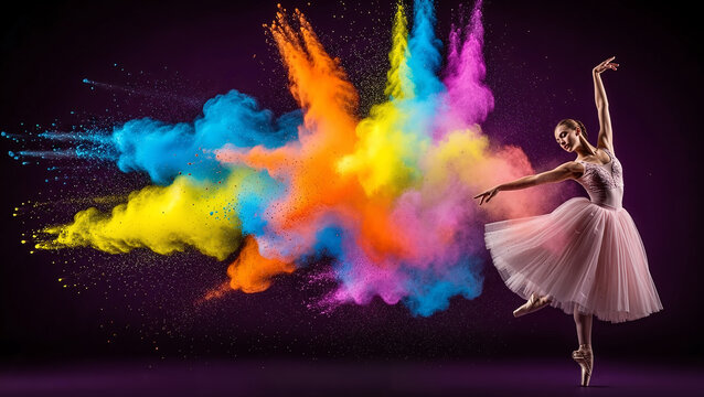 Graceful ballerina in a jump, creating a train of colored Holi powder, with an energetic and expressive mood, dancing on a dark background, conceptual art photography