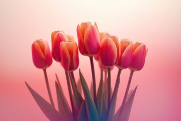 A bouquet of pink and orange tulips is arranged in a vase