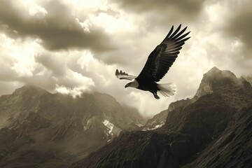 A majestic eagle is soaring through the sky above a mountain range
