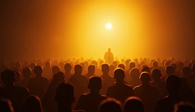 Massive crowd of silhouetted figures watching a single leader illuminated by an intense glowing orange light source in a hazy dramatic atmosphere.
