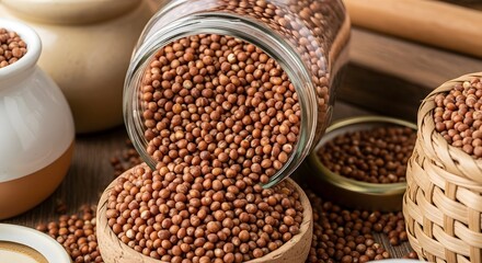 Fototapeta premium Abundant organic brown seeds, possibly ragi or mustard, spilling from a clear glass jar into a rustic wooden bowl, showcasing healthy culinary ingredients.