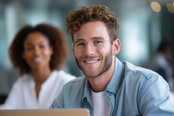 Engaging team collaboration modern office portrait photography bright environment close-up shot