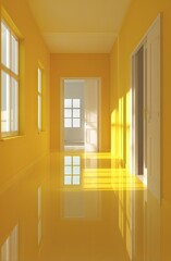 Empty yellow corridor perspective view sunlight shadows architectural interior design