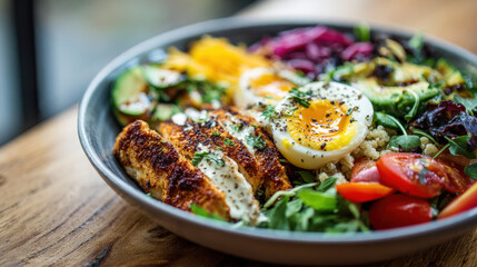 Healthy grilled chicken salad bowl with eggs fresh vegetables and greens nutritious meal concept for fitness food blogs diet ads and lifestyle branding