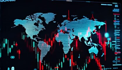 Global Stock Market Analysis Screen with Digital World Map and Financial Data Charts - Powered by Adobe