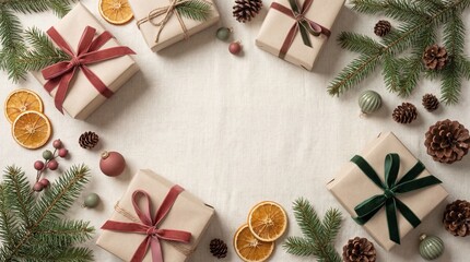 Christmas gifts with ribbons on white wooden background.