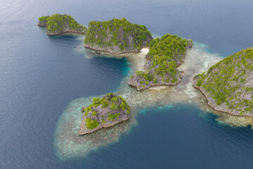 Rock islands, composed of ancient, uplifted reefs, rise from the seascape in Misool, Indonesia. This region harbors spectacular marine biodiversity and is a popular diving destination.