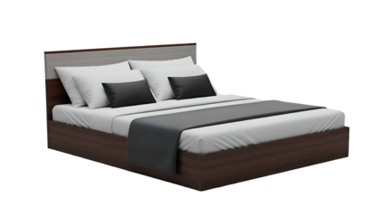 Modern wooden bed with white and gray bedding