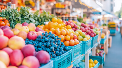 Vibrant and colorful display of fresh, ripe fruits including dark grapes, crisp apples, and bright oranges, neatly arranged in blue crates at outdoor market stall, offering healthy and abundant produc