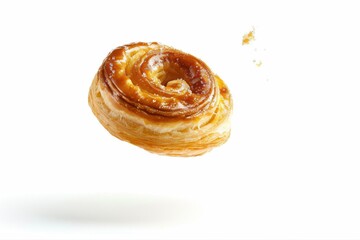 Fototapeta premium Golden Flaky Sweet Pastry Roll Floating with Sugar Glaze on White on transparent background