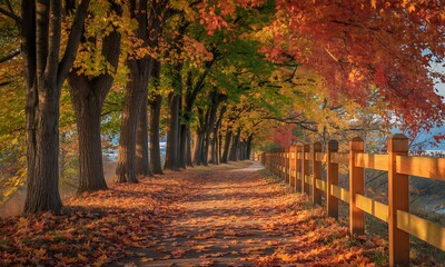An autumnal pathway lined with vibrant trees and a wooden fence