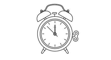 Alarm clock illustration, black and white, simple design, time concept.