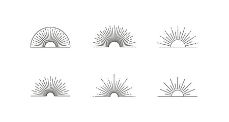 Set of minimalist sunburst line art icons representing sunrise and sunset