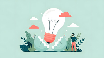 Modern businessman standing by giant light bulb hatching from egg symbolizing creative startup innovation business growth future technology digital transformation and professional success strategy