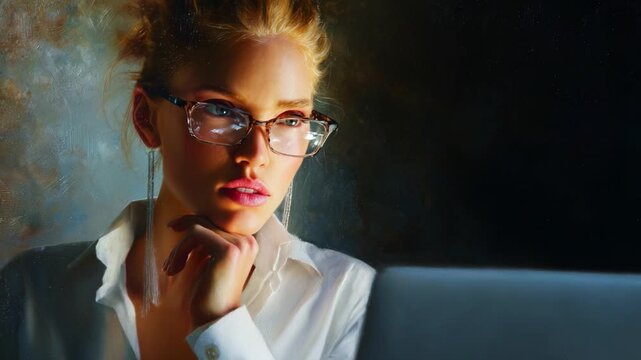 A contemplative young woman with glasses thoughtfully gazes at her laptop screen, radiating an aura of concentration and intellect in a softly illuminated setting.