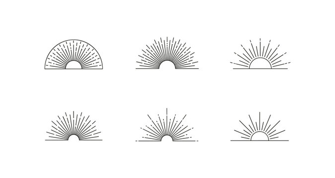 Set of minimalist sunburst line art icons representing sunrise and sunset
