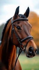 Obraz premium Majestic portrait of handsome brown bay horse wearing ornate leather bridle, captured outdoors with sharp focus on its expressive eye and detailed features against soft autumn foliage.