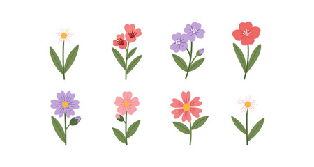 Collection of eight colorful cartoon flowers with green leaves on a white background
