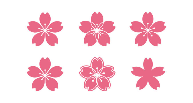 Collection of pink cherry blossom icons on a white background