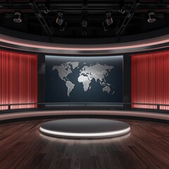 Modern TV studio with large screen displaying world map, red curtains, and circular stage, perfect for news broadcasting and global presentations