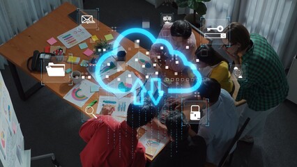 A vibrant office scene displaying a collaborative team engaged in a meeting, enhanced by a digital cloud concept representing data sharing and innovative solutions. Raster