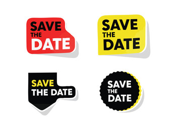 A collection of distinct 'Save the Date' adhesive labels presented on a clean white background for event announcement design