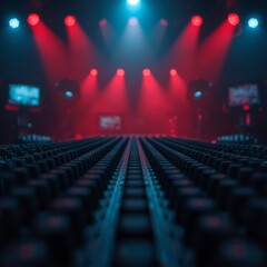 Soundboard in a concert venue with red and blue stage lights, music production and live performance setup
