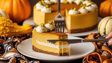 Naklejka premium Slice of pumpkin cheesecake being served with a fork and knife, surrounded by whole pumpkin cheesecakes and decorative gourds for a festive autumn dessert setting