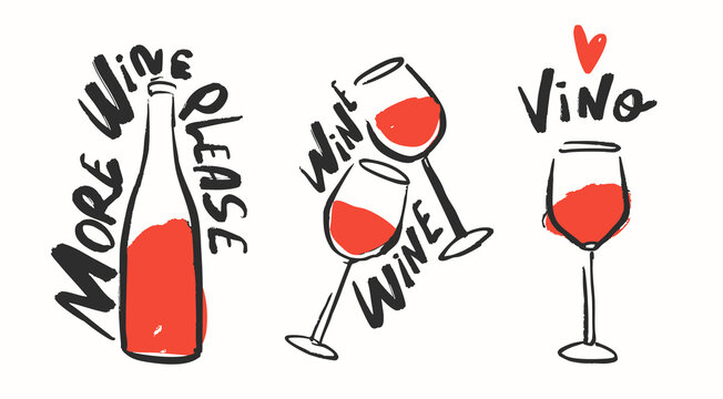 Glasses and bottle of Wine. Hand drawn Vector illustration. Retro, vintage minimal style. Poster, print, home decoration, menu cover for wine bar, invitation, design template. Wine party concept