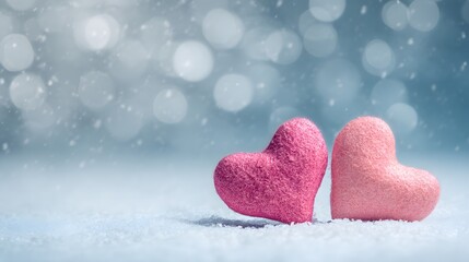 Two pink hearts on a blue background with snow and a bokeh effect. Valentines day background, copy space