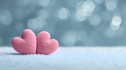 Two pink hearts on a blue background with snow and a bokeh effect. Valentines day background, copy space