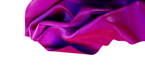 Close-up of elegant fabric with detailed texture and vibrant pink, purple and blue colors against a white background. Pe