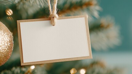 Christmas blank tag (double-layered paper, jute rope) hung on tree branch, beside gold glitter bauble with soft bokeh light background. Ideal for wallpaper, poster, festive greeting, gift note