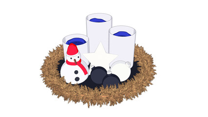 白い雪だるまと青いろうそくのイラスト