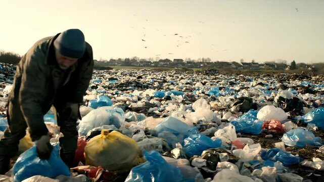 Man searches through plastic waste at landfill during pollution crisis. Person collects garbage from plastic dump. Man picks waste at landfill. Plastic pollution covers field with garbage.
